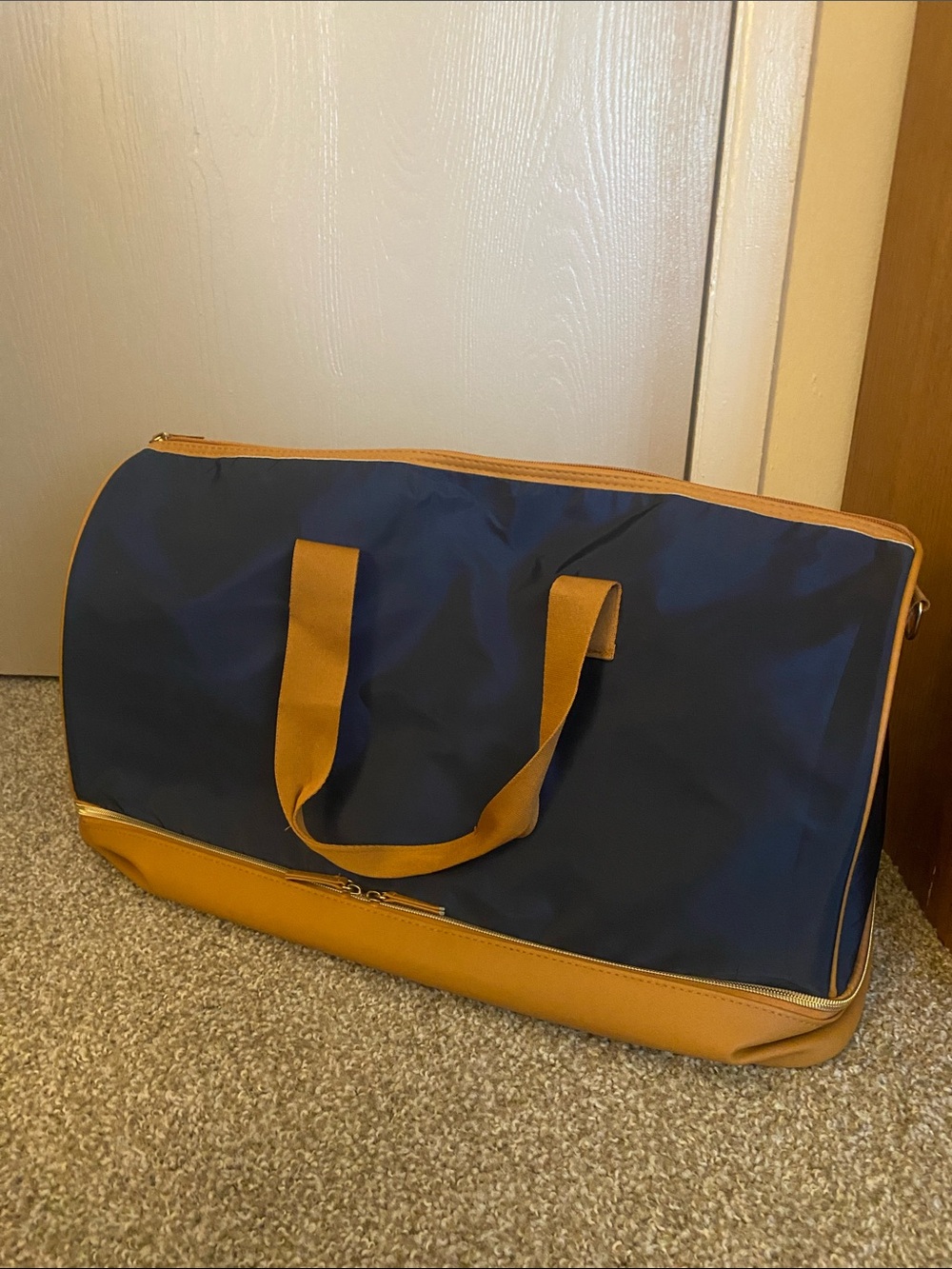 Navy and Tan Travel Duffel Bag - Stylish Weekend Carry